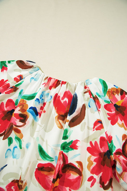 Artistic Brushstroke Floral Print Puff Sleeve Blouse Top