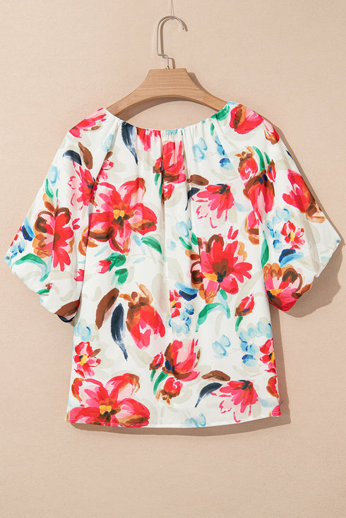 Artistic Brushstroke Floral Print Puff Sleeve Blouse Top