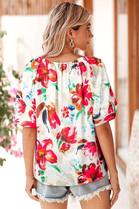 Artistic Brushstroke Floral Print Puff Sleeve Blouse Top