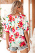 Artistic Brushstroke Floral Print Puff Sleeve Blouse Top