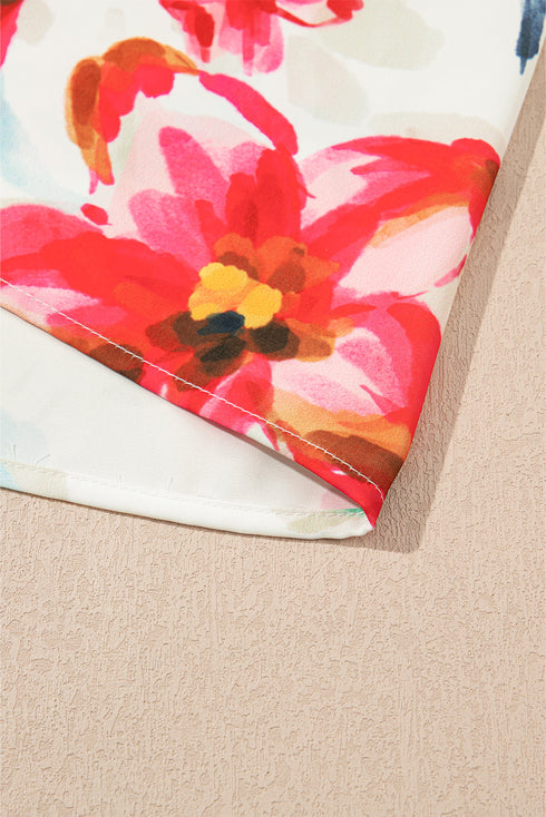 Artistic Brushstroke Floral Print Puff Sleeve Blouse Top