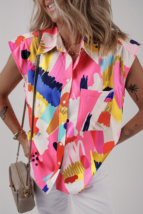 Artistic Brushstroke Print Cap Sleeve Button Down Shirt