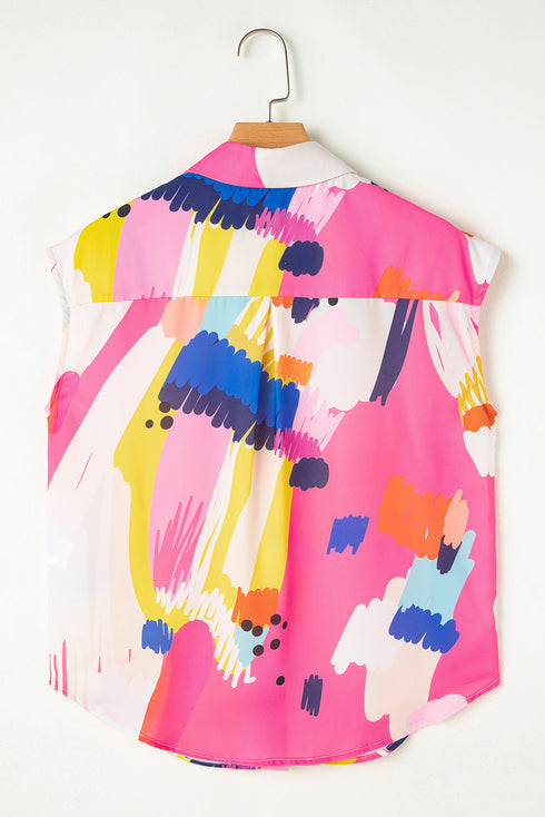 Artistic Brushstroke Print Cap Sleeve Button Down Shirt