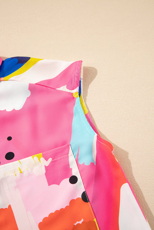Artistic Brushstroke Print Cap Sleeve Button Down Shirt