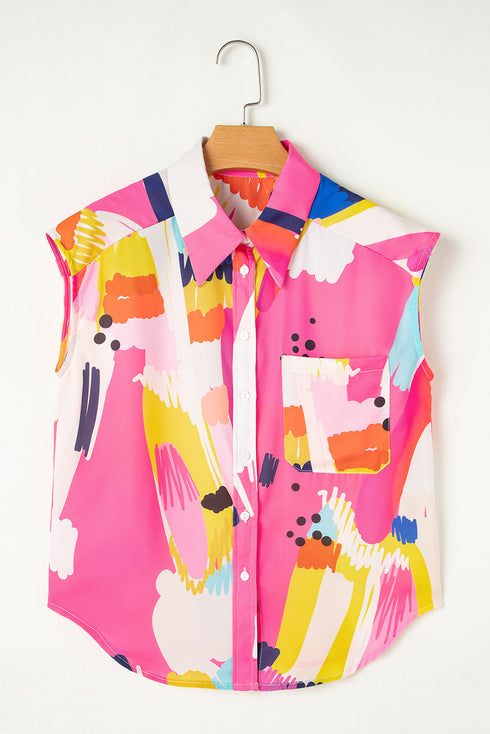 Artistic Brushstroke Print Cap Sleeve Button Down Shirt