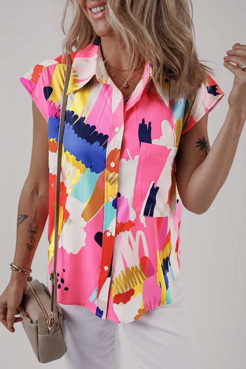 Artistic Brushstroke Print Cap Sleeve Button Down Shirt