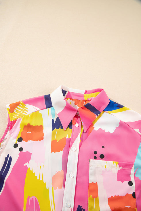 Artistic Brushstroke Print Cap Sleeve Button Down Shirt