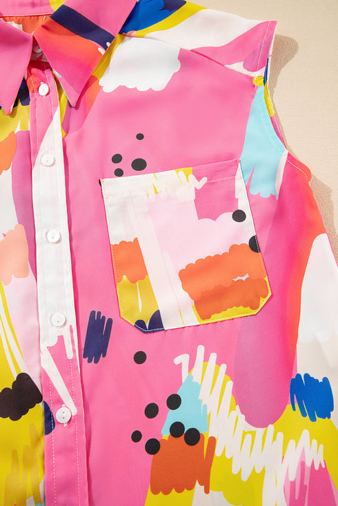 Artistic Brushstroke Print Cap Sleeve Button Down Shirt
