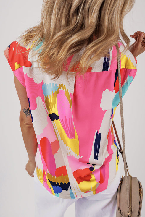 Artistic Brushstroke Print Cap Sleeve Button Down Shirt