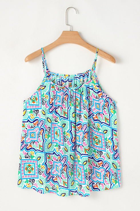 Artistic Floral Abstract Textured Rhinestone Detail Spaghetti Strap Summer Tank