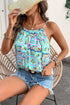 Artistic Floral Abstract Textured Rhinestone Detail Spaghetti Strap Summer Tank