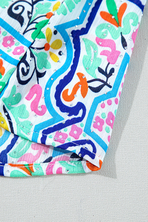 Artistic Floral Abstract Textured Rhinestone Detail Spaghetti Strap Summer Tank