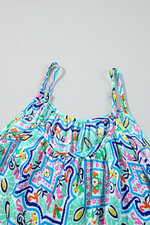 Artistic Floral Abstract Textured Rhinestone Detail Spaghetti Strap Summer Tank