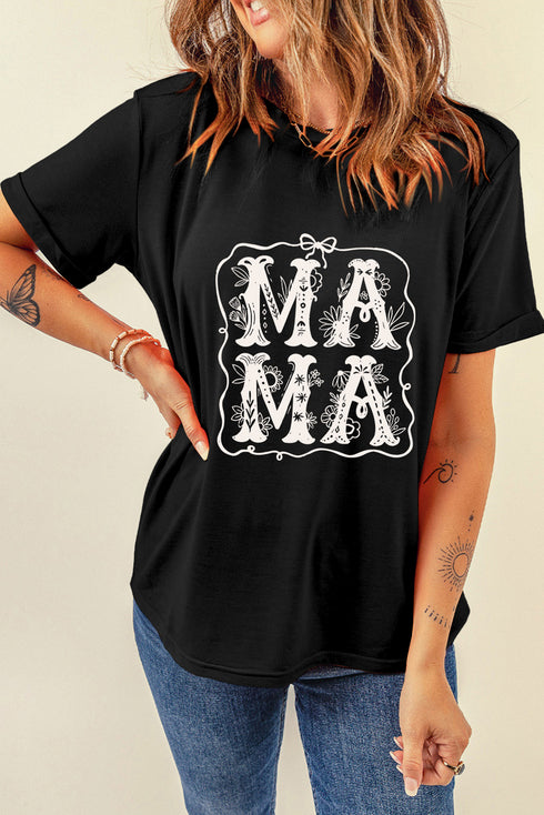 Artistic Floral Embellished Mama Graphic Print Tee Shirt
