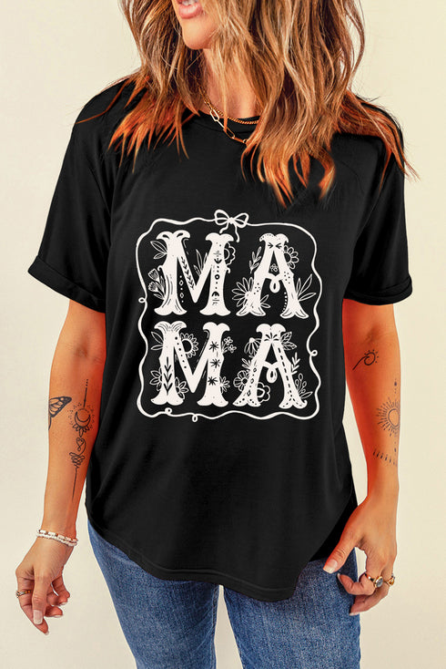 Artistic Floral Embellished Mama Graphic Print Tee Shirt