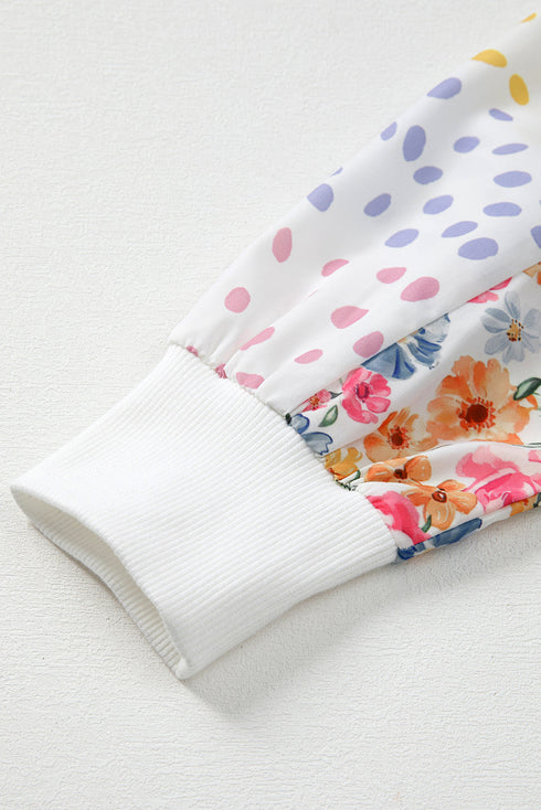 Artistic Mixed Print Floral Dot Patchwork Sleeve Sweatshirt