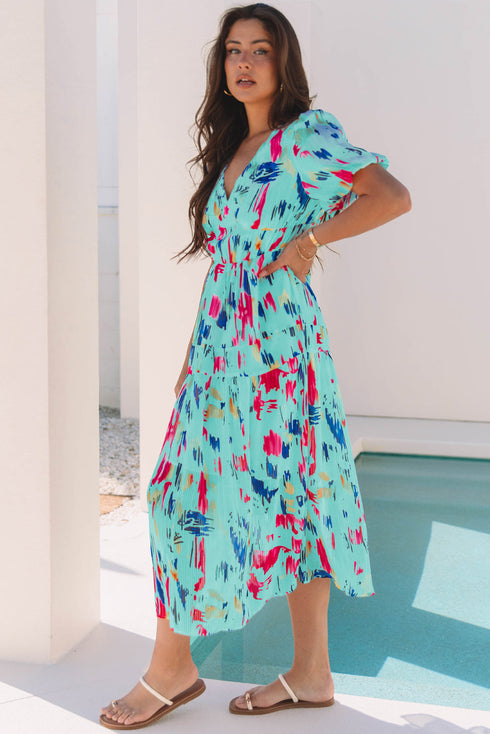 Artistic Muse Abstract Print Puff Sleeve Tiered Maxi Dress