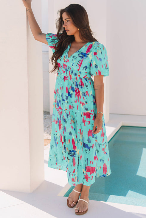 Artistic Muse Abstract Print Puff Sleeve Tiered Maxi Dress