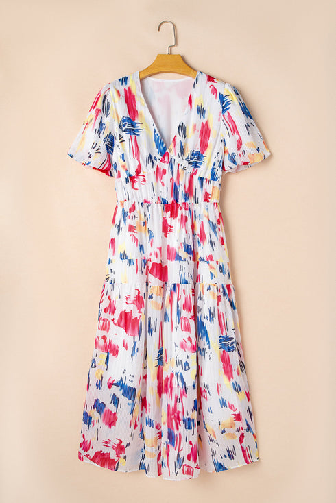 Artistic Muse Abstract Print Puff Sleeve Tiered Maxi Dress