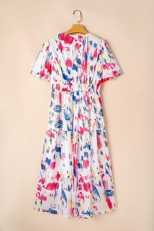 Artistic Muse Abstract Print Puff Sleeve Tiered Maxi Dress