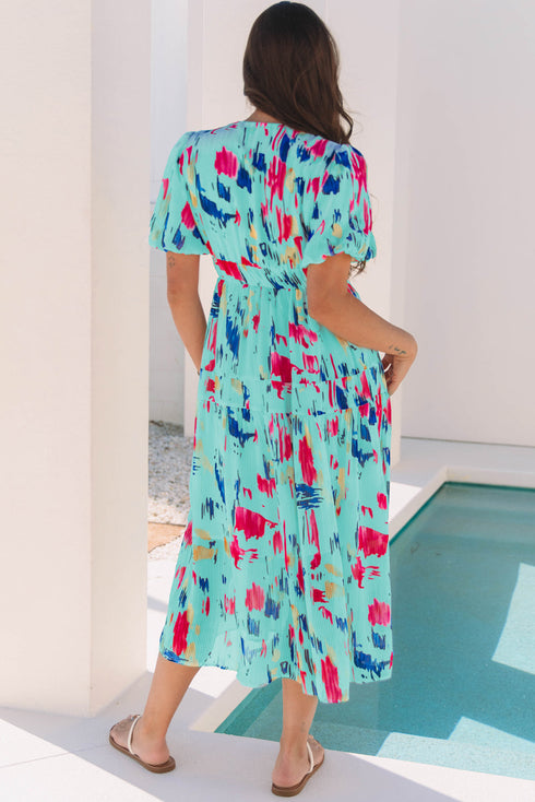 Artistic Muse Abstract Print Puff Sleeve Tiered Maxi Dress