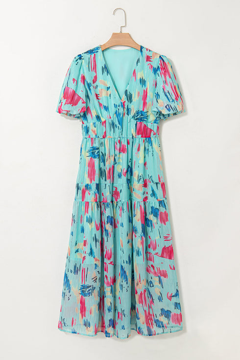 Artistic Muse Abstract Print Puff Sleeve Tiered Maxi Dress
