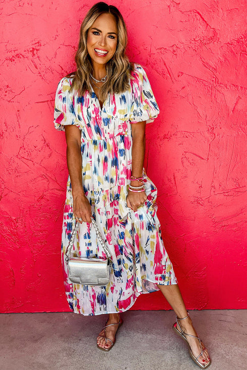 Artistic Muse Abstract Print Puff Sleeve Tiered Maxi Dress