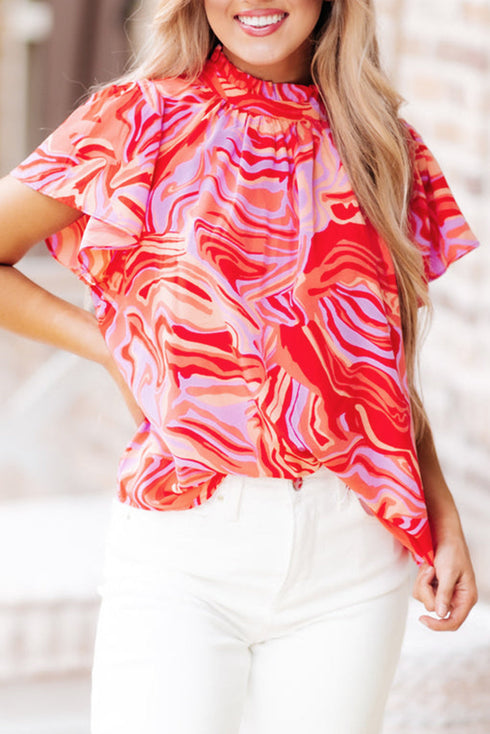 Artistic Muse Abstract Print Ruffle Cascade Mock Neck Blouse
