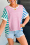 Artsy Stripe Mixed Pattern Patchwork Uneven Hem Loose Casual Cotton Tee