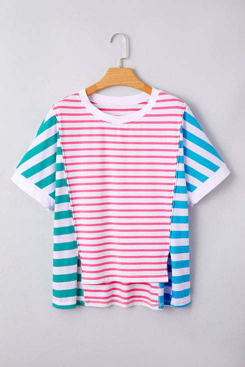 Artsy Stripe Mixed Pattern Patchwork Uneven Hem Loose Casual Cotton Tee