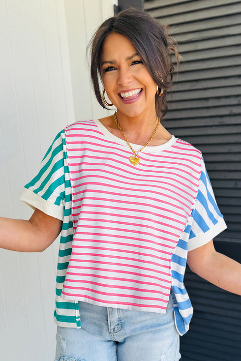 Artsy Stripe Mixed Pattern Patchwork Uneven Hem Loose Casual Cotton Tee