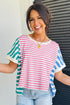 Artsy Stripe Mixed Pattern Patchwork Uneven Hem Loose Casual Cotton Tee