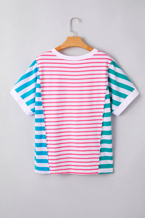Artsy Stripe Mixed Pattern Patchwork Uneven Hem Loose Casual Cotton Tee