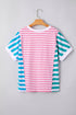 Artsy Stripe Mixed Pattern Patchwork Uneven Hem Loose Casual Cotton Tee