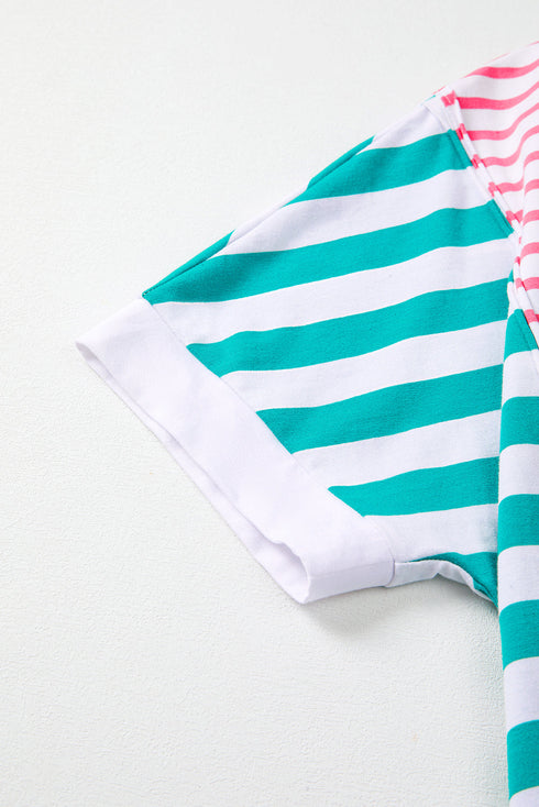 Artsy Stripe Mixed Pattern Patchwork Uneven Hem Loose Casual Cotton Tee