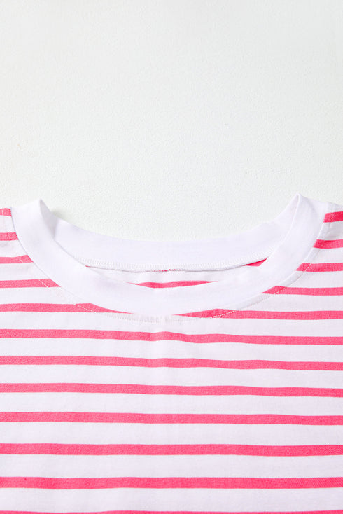 Artsy Stripe Mixed Pattern Patchwork Uneven Hem Loose Casual Cotton Tee