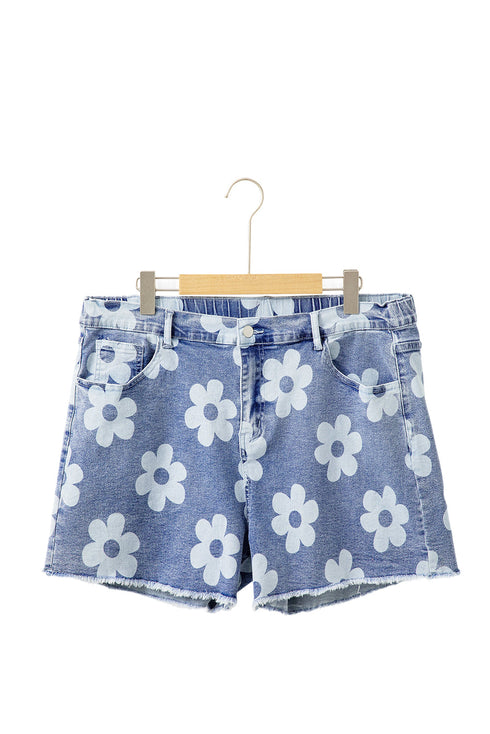 Ashleigh Blue Floral Pattern High Waist Raw Hem Plus Size Denim Shorts
