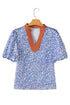 Ashleigh Blue Leopard Print Spot Contrast V Neck Half Puff Sleeve Shirt