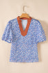 Ashleigh Blue Leopard Print Spot Contrast V Neck Half Puff Sleeve Shirt