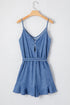 Ashleigh Blue Spaghetti Straps V Neck Belted Ruffled Leg Chambray Romper
