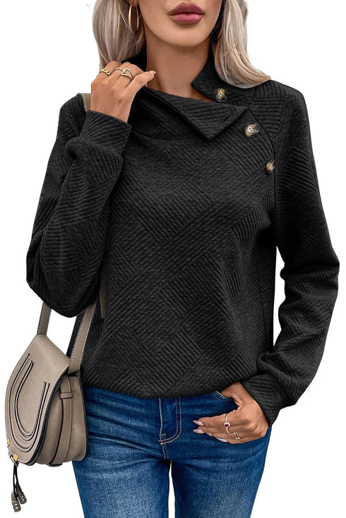 Asymmetric Buttons Detail High Neck Textured Sweatshirt