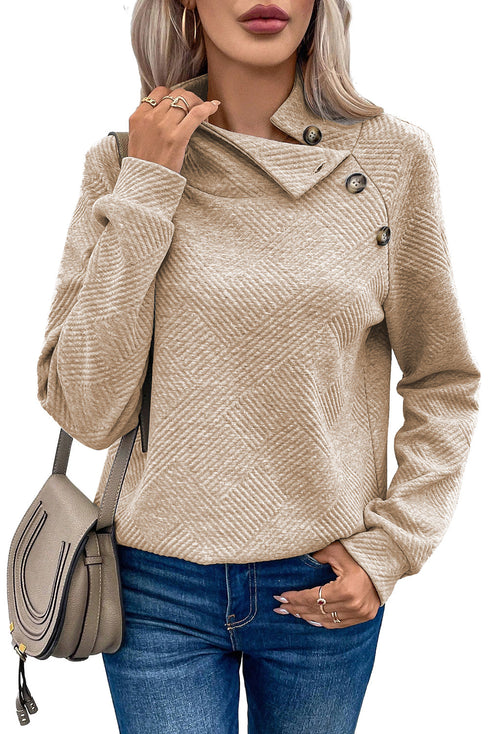Asymmetric Buttons Detail High Neck Textured Sweatshirt
