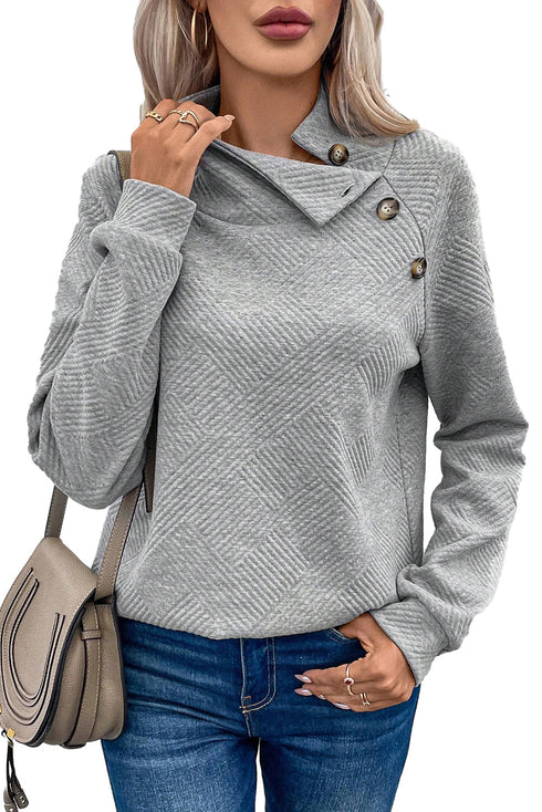 Asymmetric Buttons Detail High Neck Textured Sweatshirt