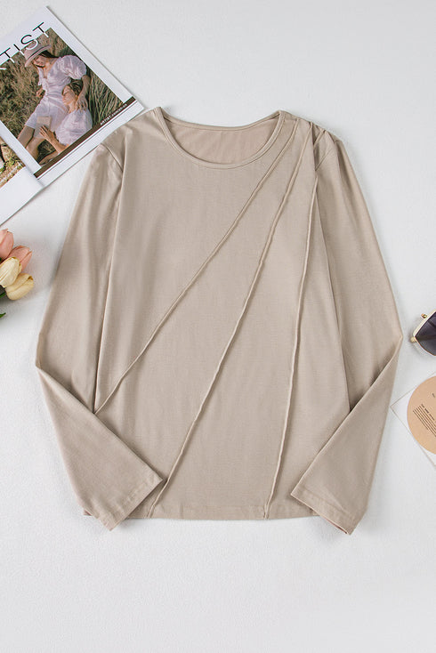 Asymmetric Exposed Seam Detail Drop Shoulder Crew Neck Pullover Top