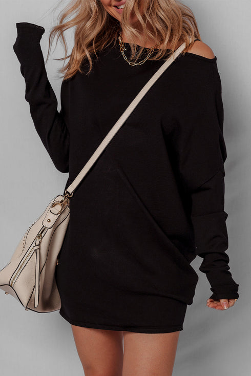Asymmetric Neck Batwing Sleeve Shift Mini Sweater Dress