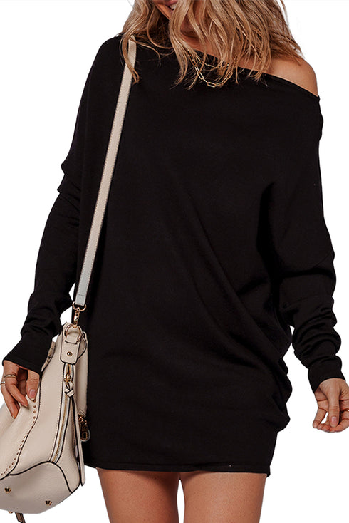 Asymmetric Neck Batwing Sleeve Shift Mini Sweater Dress