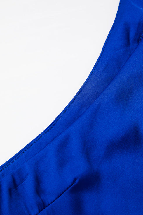 Asymmetric One Shoulder Satin Bell Sleeve Blouse