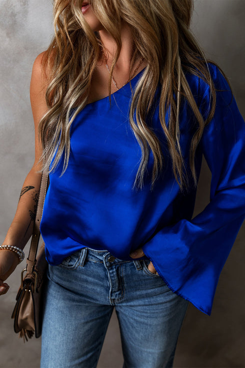 Asymmetric One Shoulder Satin Bell Sleeve Blouse