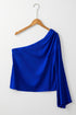 Asymmetric One Shoulder Satin Bell Sleeve Blouse