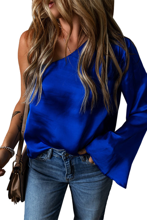 Asymmetric One Shoulder Satin Bell Sleeve Blouse